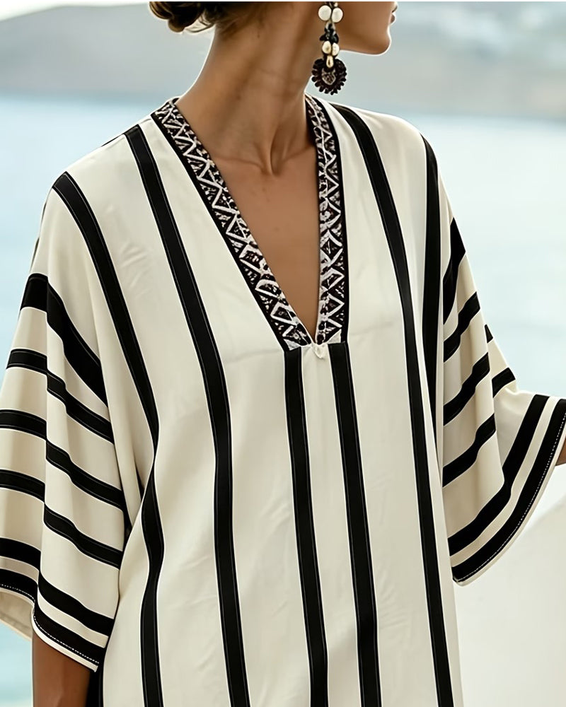 Color Block Black Vertical Stripe V-Neck Dress