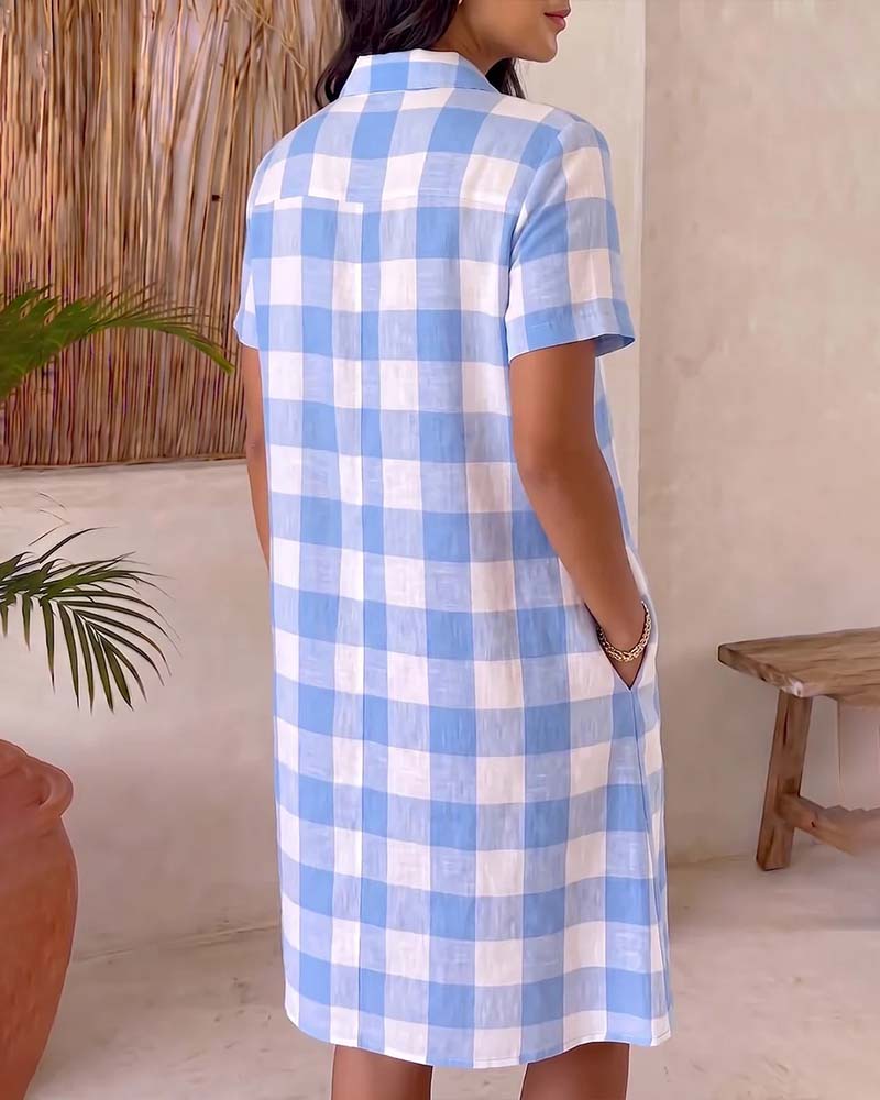 Lapel Blue and White Check Dress