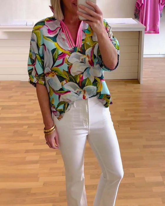 Floral print stand collar half sleeve blouse