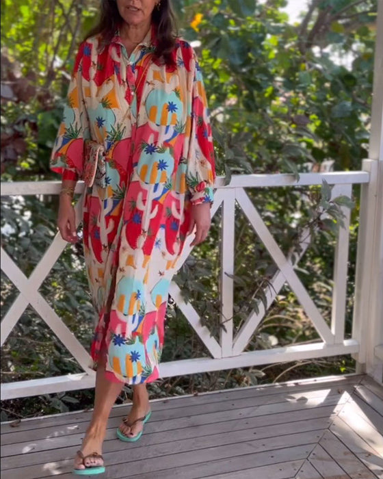 Printed lapel long sleeve dress