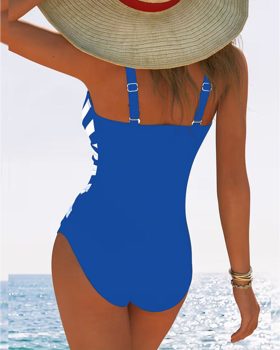 Casual Striped V-Neck One-Piece Swimsuit