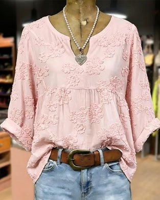 100% Cotton V-Neck Flower Print 3/4 Sleeve Blouse