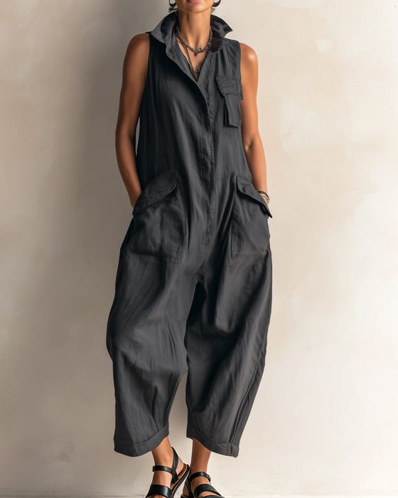 Lapel Sleeveless Pocket Cargo Jumpsuit