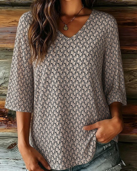 V-Neck Mid-Length Sleeve Casual Blouse