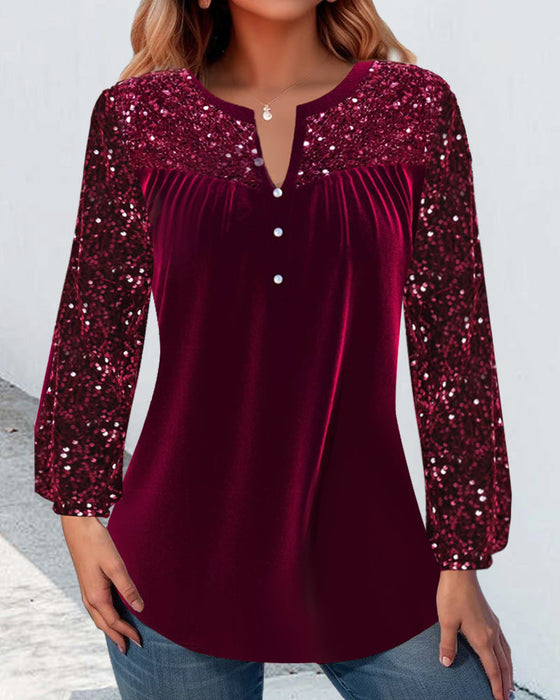 V-neck pleated sequined elegant top