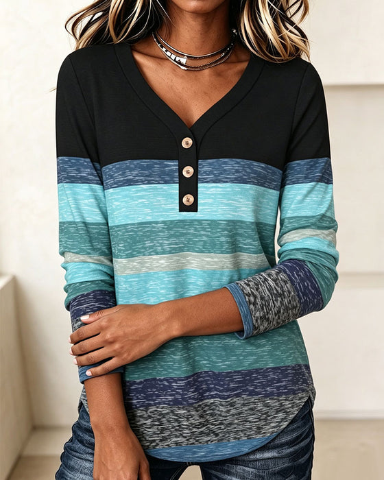 V-Neck Button-Down Striped Contrast Top