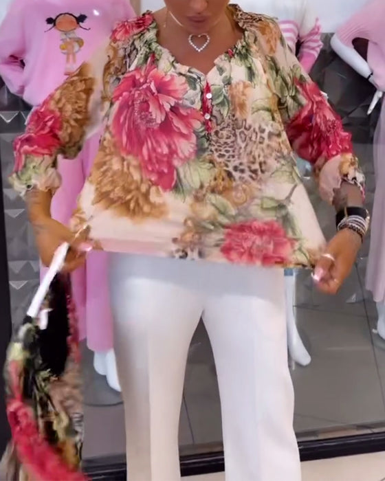 V-Neck Floral Print Blouse