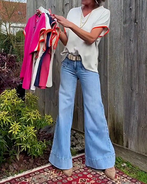Loose V-Neck Color-Block T-Shirt