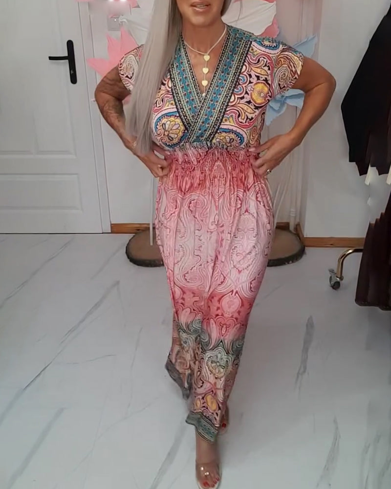 Bohemian V-Neck Waisted Holiday Dress