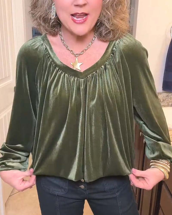 V-Neck Smocked Cutout Long Sleeve Blouse