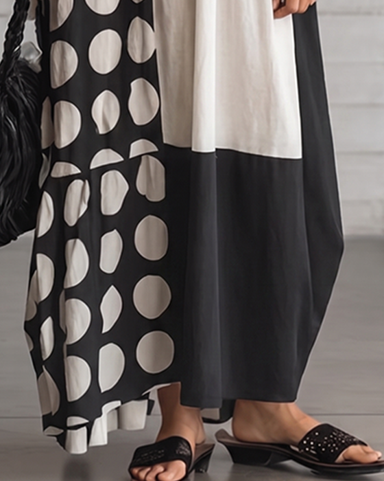 Crew Neck Short Sleeve Polka Dot Patchwork Dress