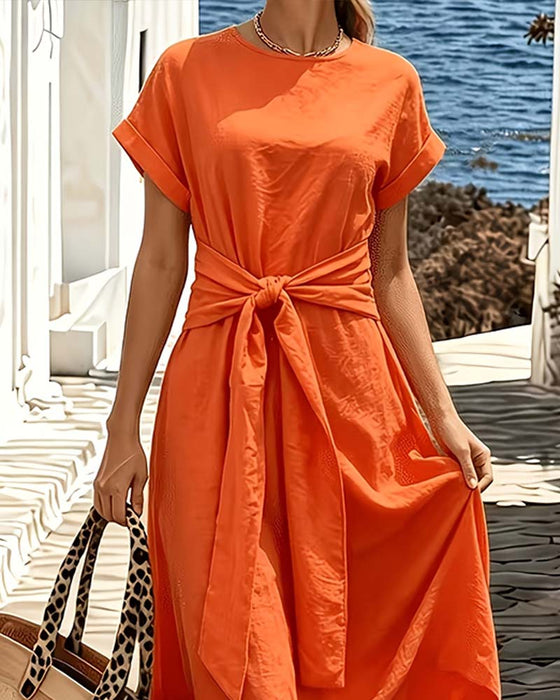 Circle Neck Solid Color Tie String Full Skirt Dress