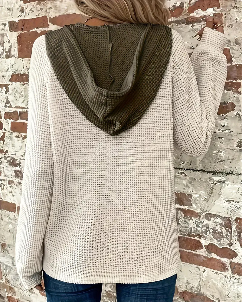 Color-Blocked Button V-Neck Hoodie