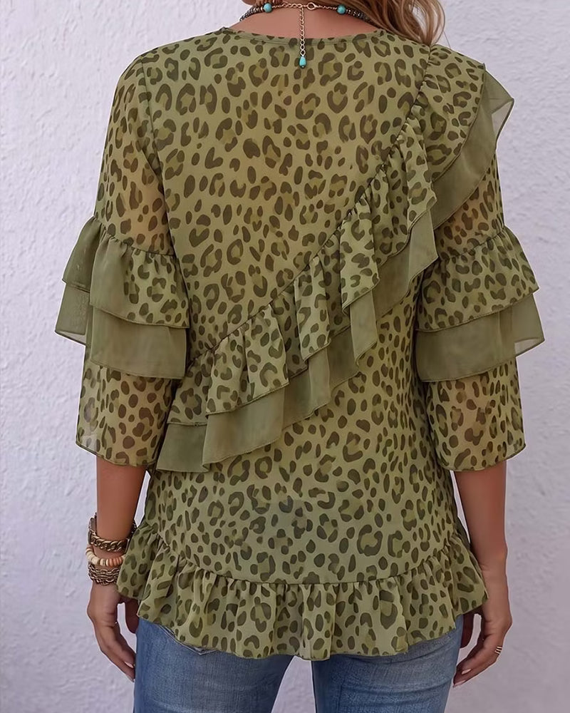 V-Neck Ruffle Leopard Blouse