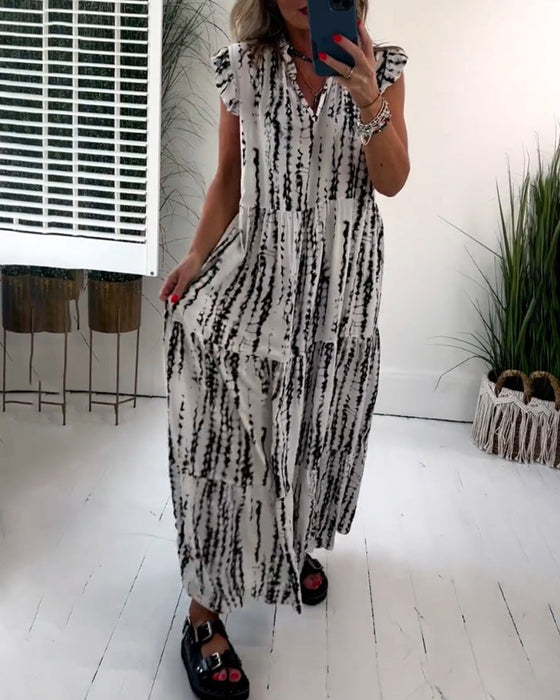 Fly Sleeve Printed V-Neck Dress