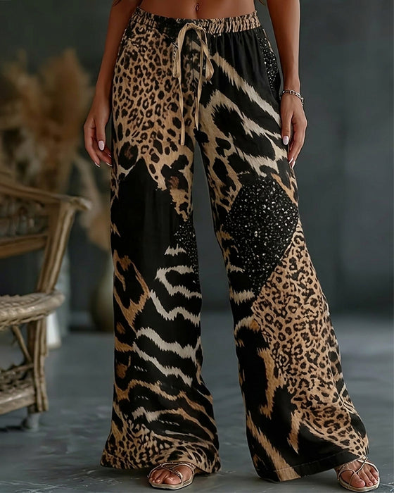 Leopard Print Patchwork Wide Leg Casual Pants