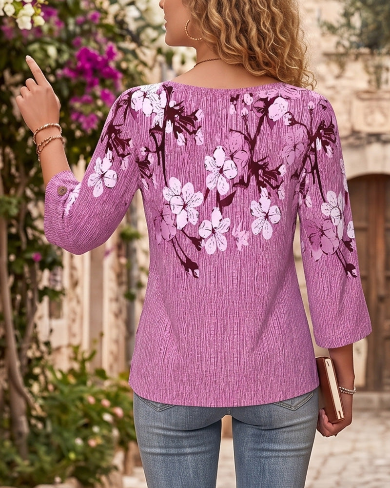 Crew Neck Floral Irregular Elbow-Length Sleeve Blouse
