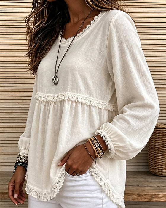 Crew Neck Fringe Lantern Sleeve T-Shirt