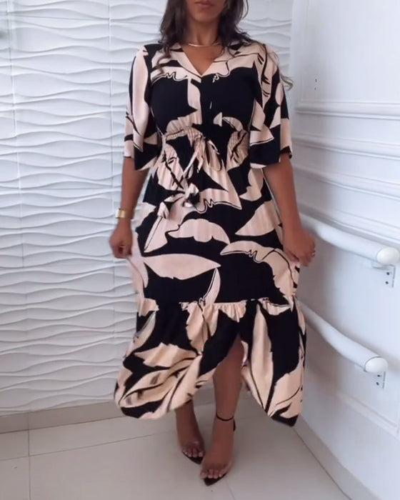 V-neck three-quarter sleeve drawstring elegant dress