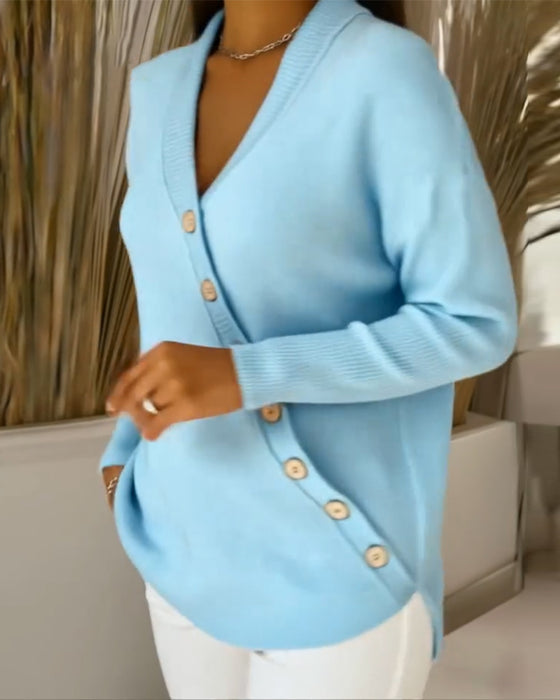 V-neck button-down sweater