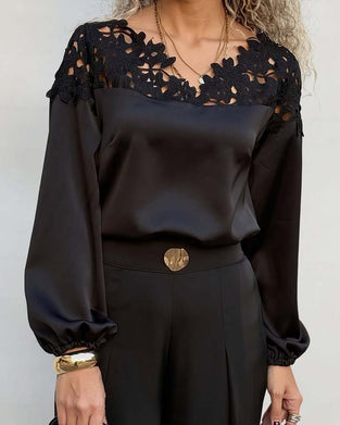 Hollow-Out Solid Color Long-Sleeved Spliced Blouse