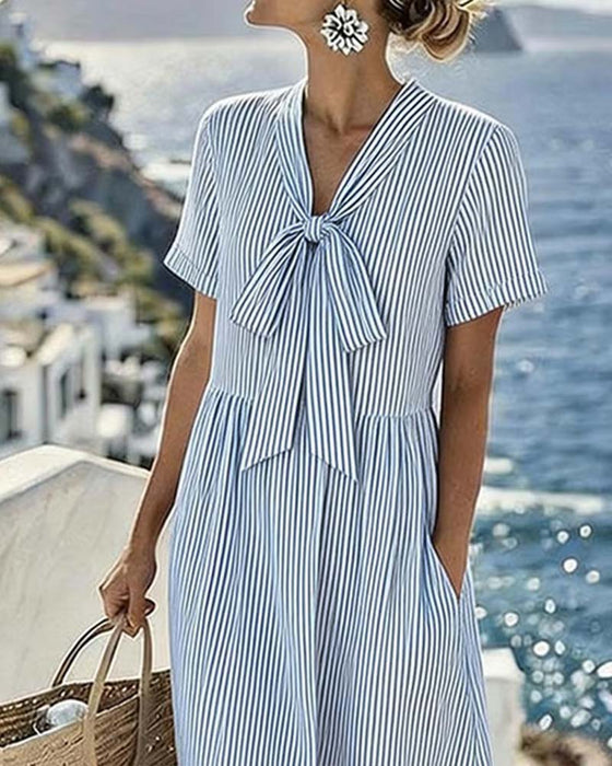 Striped Bow V-Neck Dress