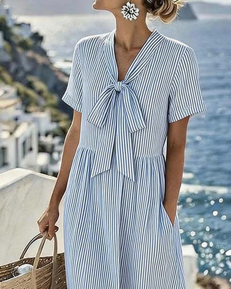 Striped Bow V-Neck Dress