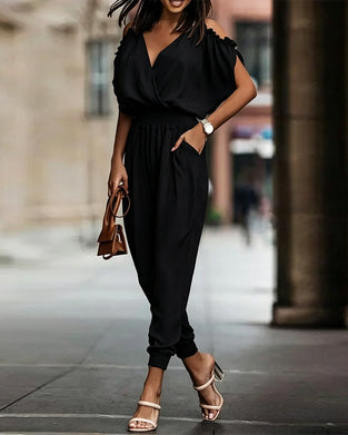 Solid Color V-Neck Jumpsuits
