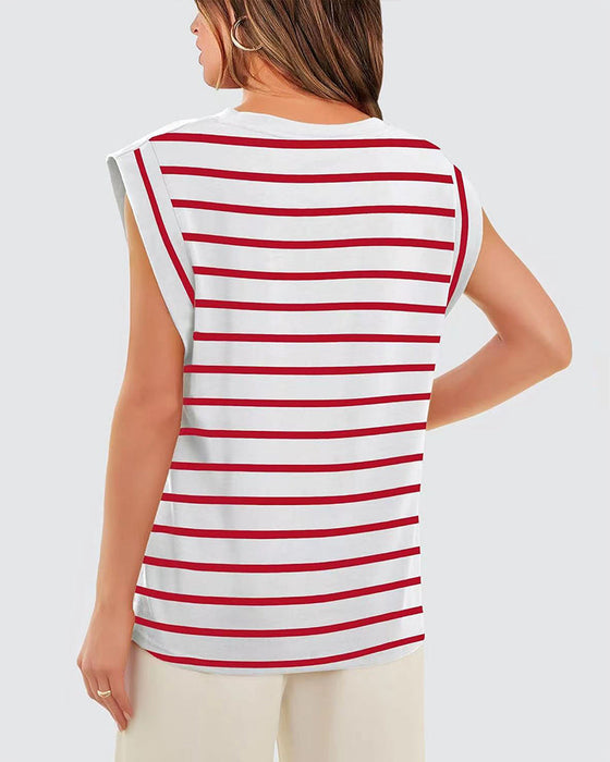 Casual striped print round neck sleeveless top