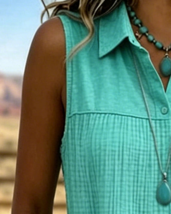 Sleeveless Lapel Solid Tiered Dress