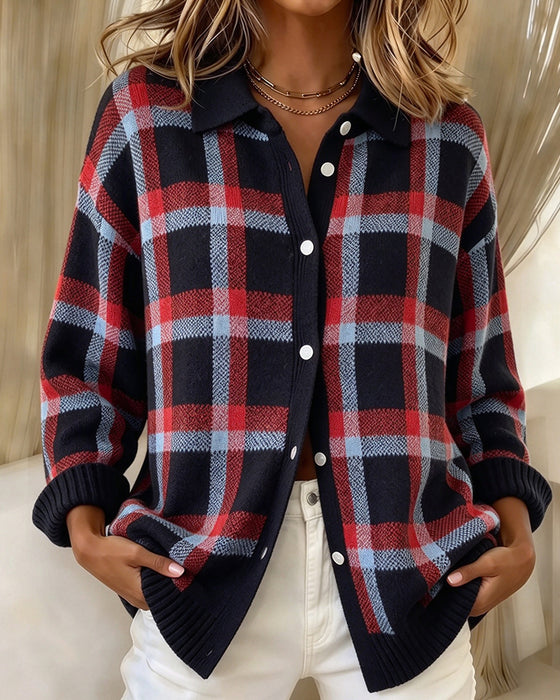 Lapel Buttoned Plaid Loose Cardigan