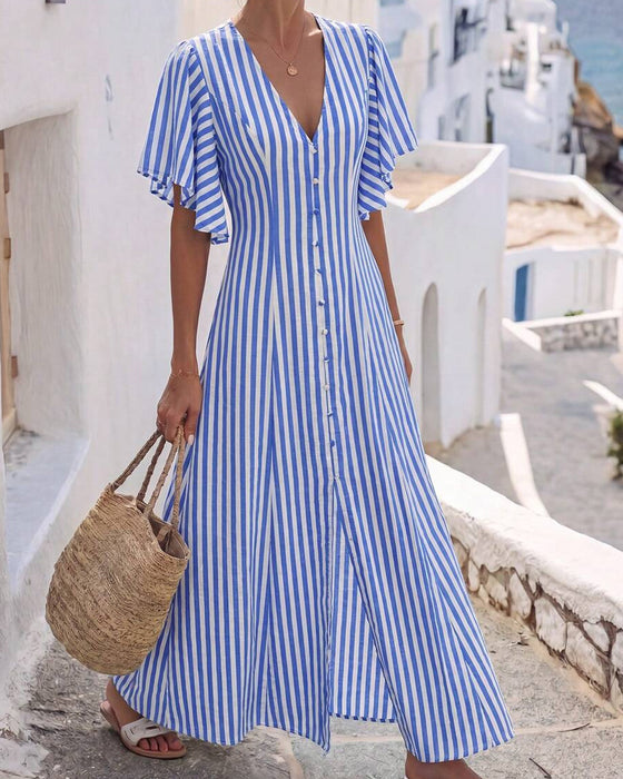 Striped V-Neck Button Dress