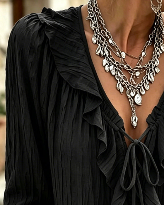 Ruffle Trim Lace-Up Long Sleeve Blouse