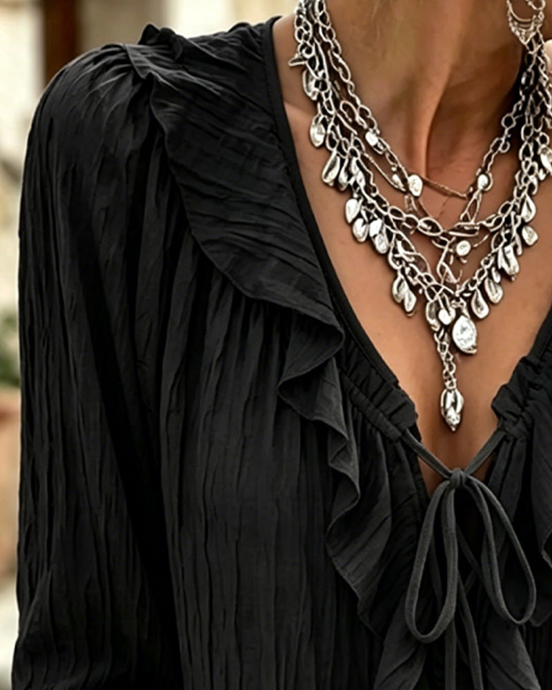 Ruffle Trim Lace-Up Long Sleeve Blouse