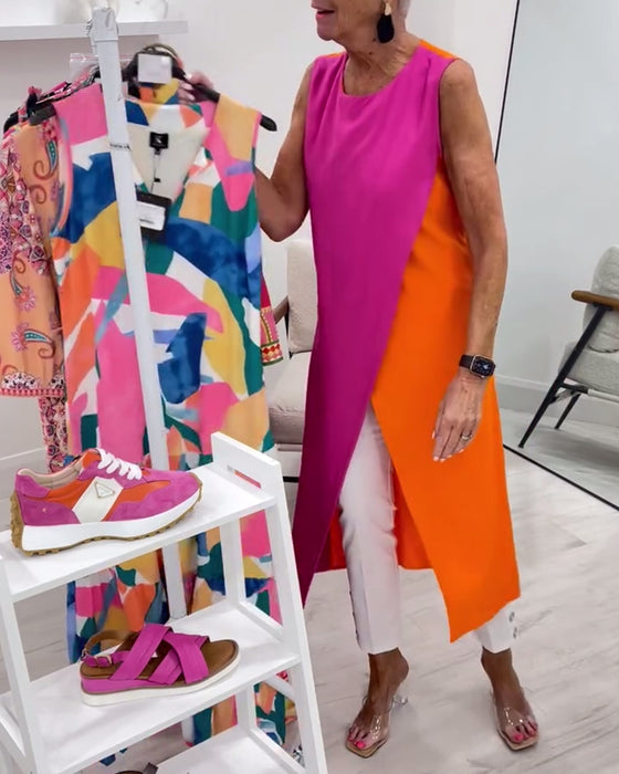 Sleeveless Contrast Color Slit Long Blouse