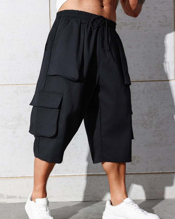 Elastic Waist Pocket Solid Color Cargo Pants