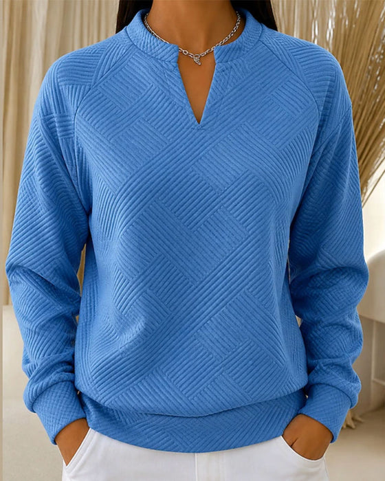 V-Neck Striped Raglan Solid Color Sweatshirt