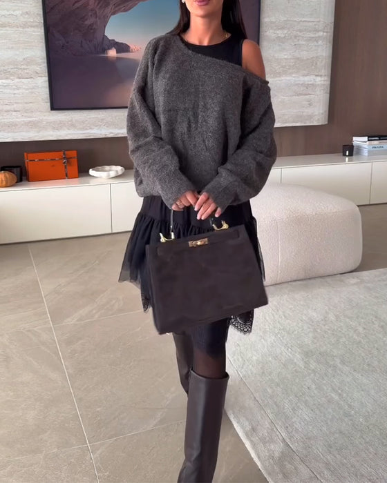 Off-Shoulder Loose Sweater & Lace Hem Dress