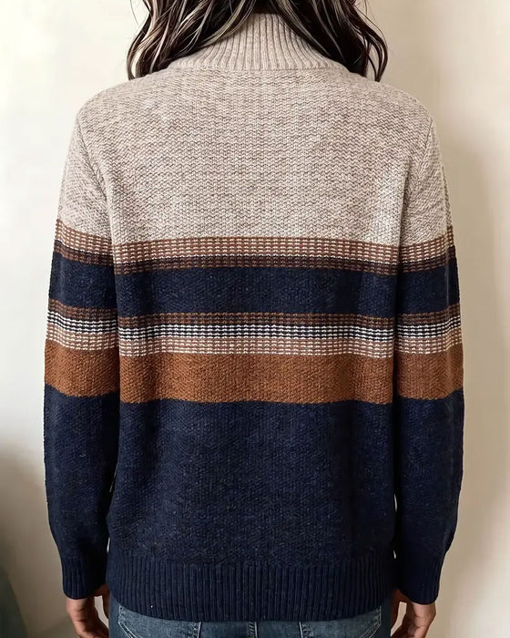 Lapel Zipper Striped Contrast Pullover