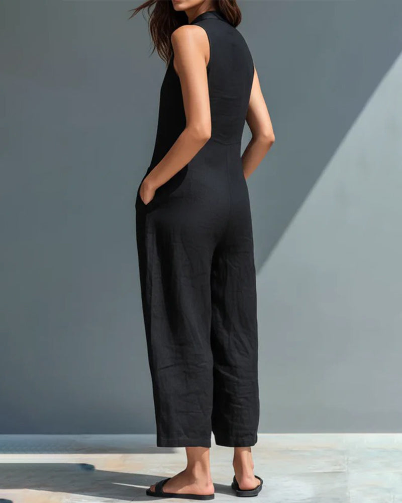 Sleeveless Stand-Up Collar Pocket Jumpsuit