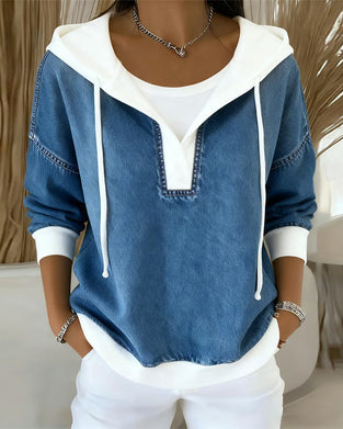 Lace-Up Denim Paneled Hooded Sweatshirt