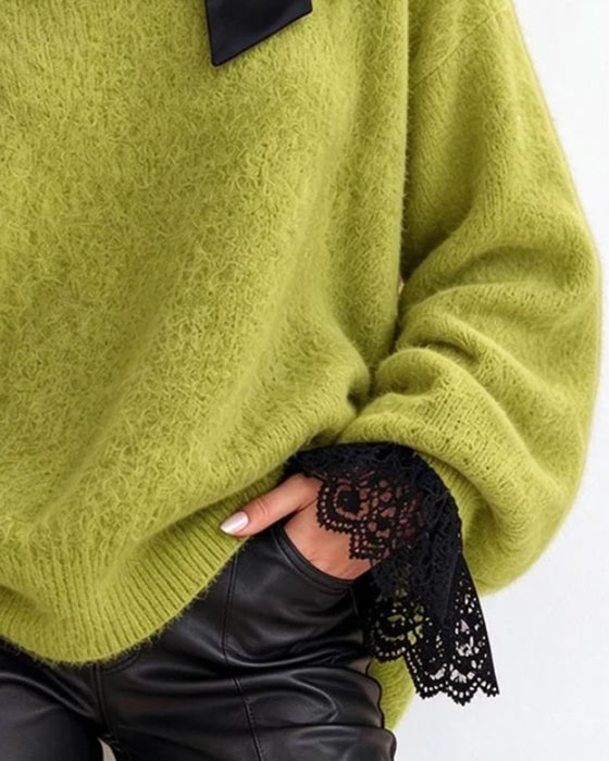 Turtleneck Bow Off-Shoulder Lace Patchwork Pullover