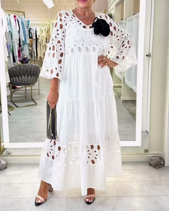 Elegant Solid Color Lace Hole Dress