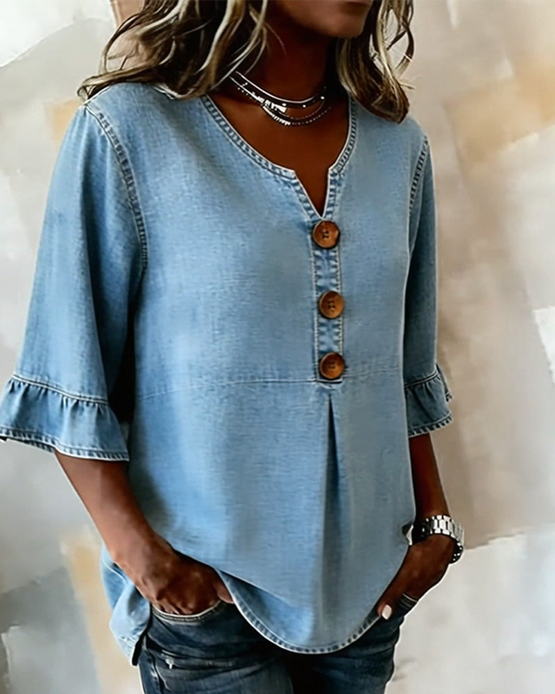 V-Neck Flared Sleeve Denim Blouse