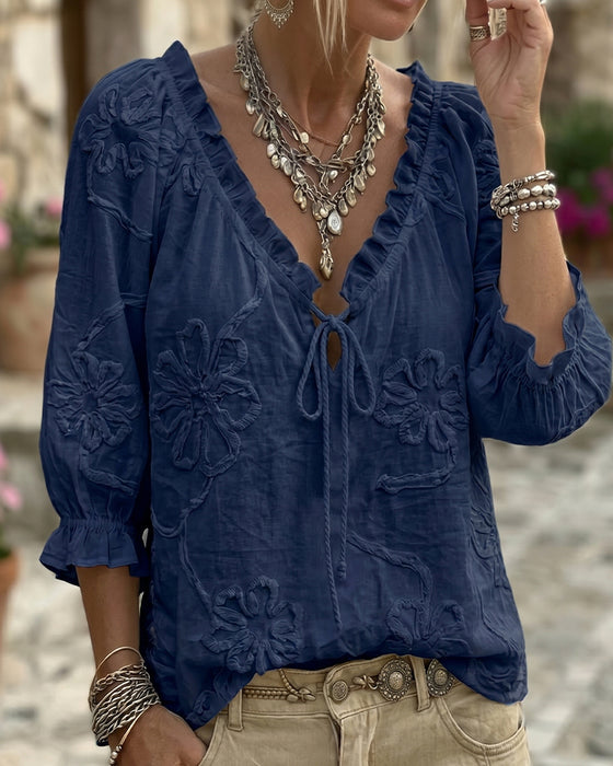 V-Neck Wrap Tie Ruffled Blouse