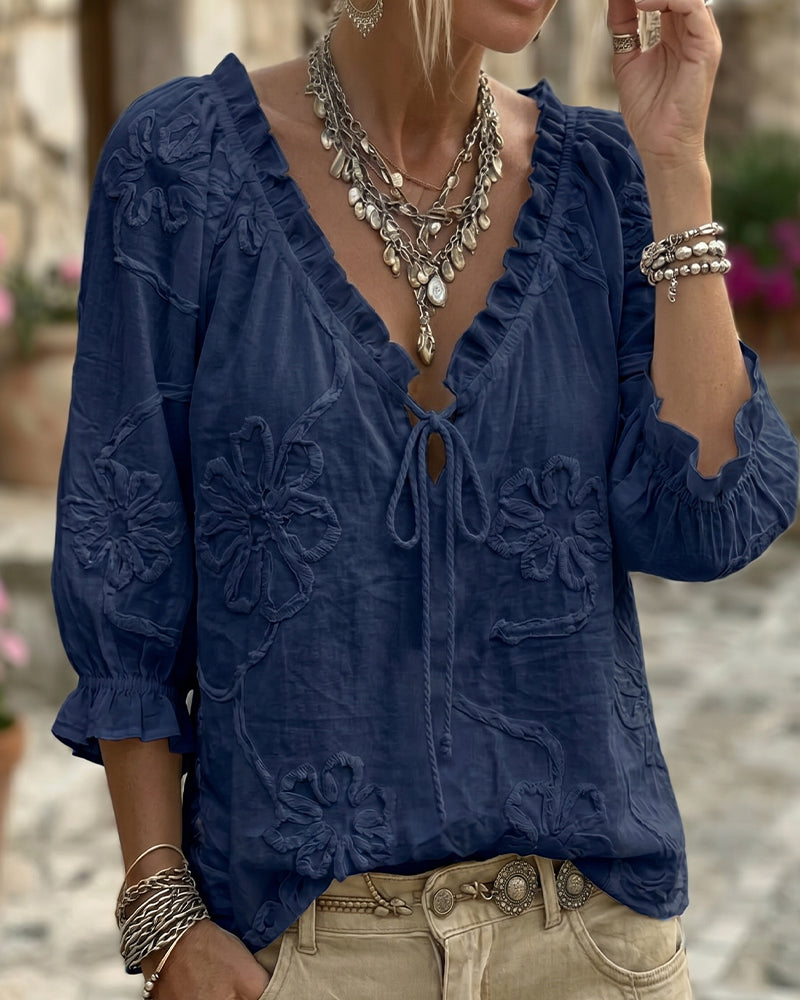 V-Neck Wrap Tie Ruffled Blouse