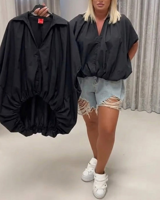 Lapel Loose Fit Batwing Sleeve Blouse