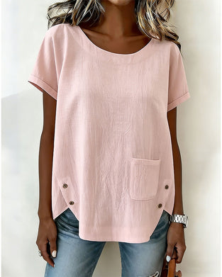 Cotton Linen Button Detail Short Sleeve T-Shirt