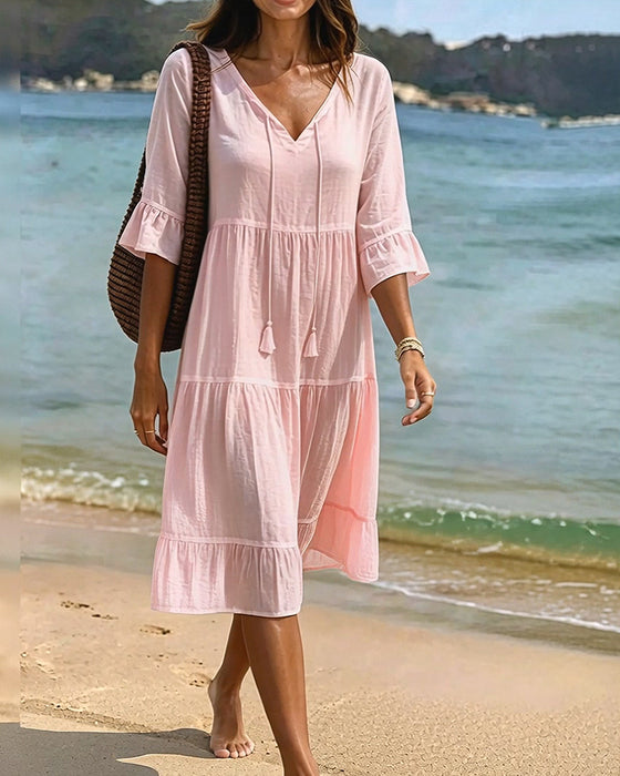 Flared Half Sleeve Tie Waist Dress
