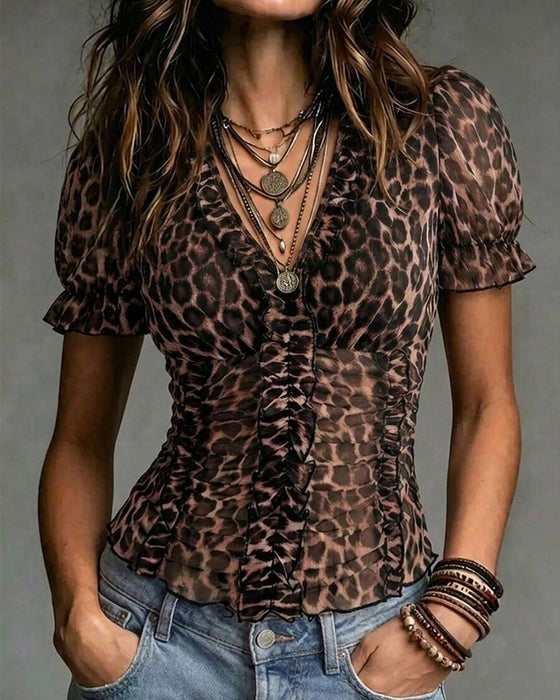 V-Neck Leopard Print Ruffle Puff Sleeve Blouse